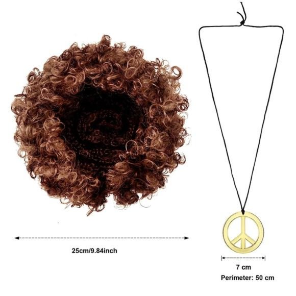 Hippie Afro Wig Disco Accessories Costume Set for Men Sunglasses Peace Sign - Picture 2 of 7